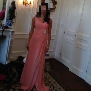 Watters bridesmaid wedding dress gown in peach coral color, size 4, one shoulder